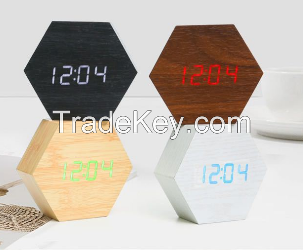 LED digital wood clock fashion electronic desk clock student alarm clock hexagonal electronic clock