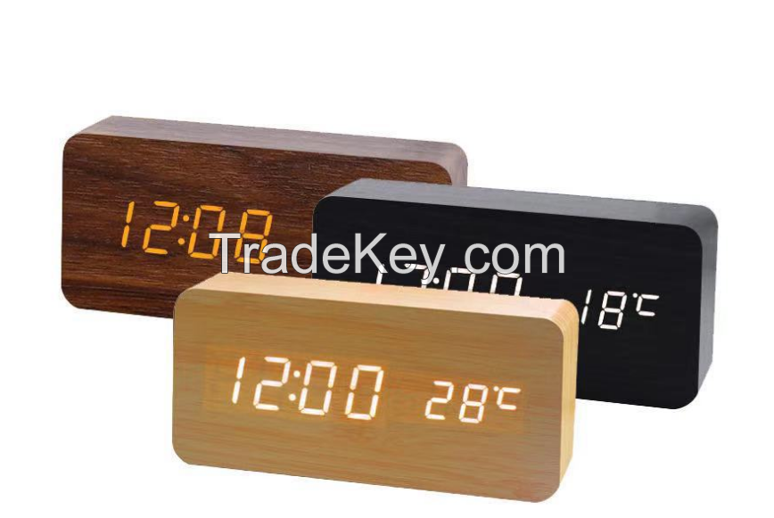 LED wood clock gift alarm clock, creative smart digital clock, rectangular temperature clock