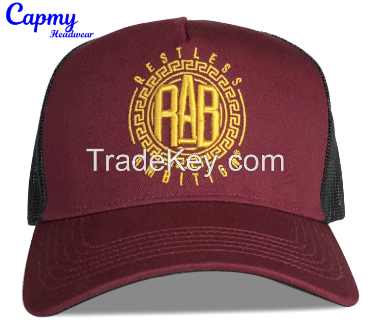 Wholesales 5 panel burgundy maroon embroidery badge patch white mesh baseball cap sport caps mens women trucker hats custom mesh