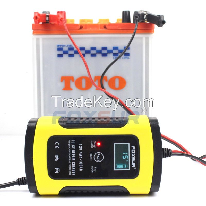 FOXSUR 12V 5A Pulse Repair Charger with LCD Display, Motorcycle & Car Battery Charger, 12V AGM GEL WET Lead Acid Battery Charger