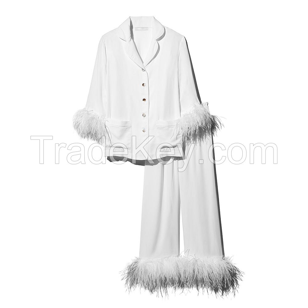 2021 Luxury Feather Sleepwear Women Viscose Soft Long Sleeve Tops And Pants Ostrich Feather Pajama Set