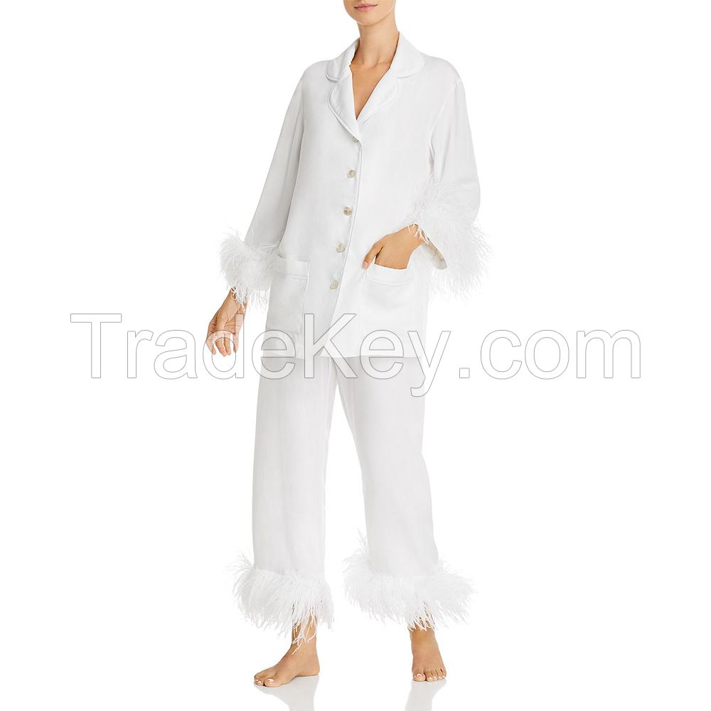 2021 Luxury Feather Sleepwear Women Viscose Soft Long Sleeve Tops And Pants Ostrich Feather Pajama Set