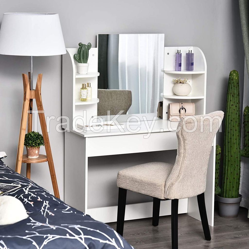 Wooden Modern Dressing Table Writing Desk W/Mirror, Big Drawers, 2-Tier Open Shelf For Home Bedroom White