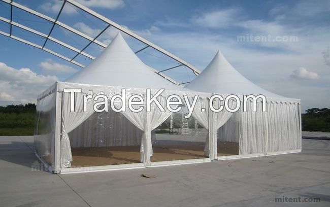 Double 5x5m Bline Pagoda Tents with Clear Walls and Floor System