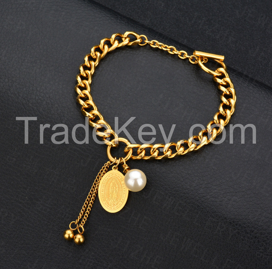 Customized New Designs Stainless Steel Virgin Mary  Bracelet With Pearl For Ladies