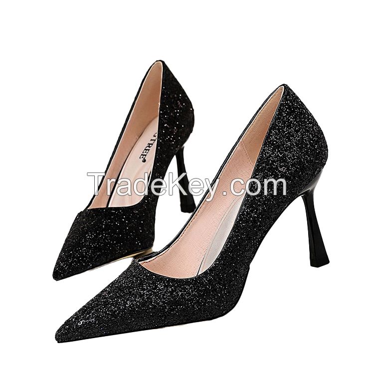 New Women Pumps Glitter Crystal High Heels for Women Shoes Gold Black Elegant Wedding Chunky Female Stiletto