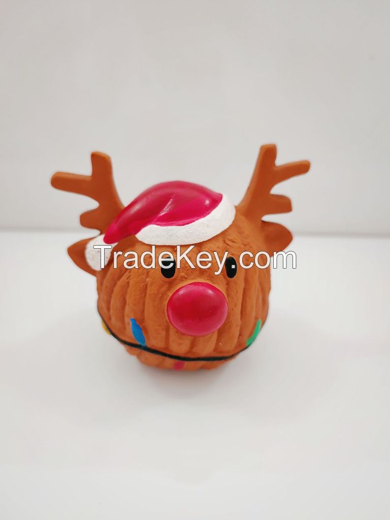 squeak sound  soft rubber latex eco-friendly pet dog toys Christmas toy brown deer head ball