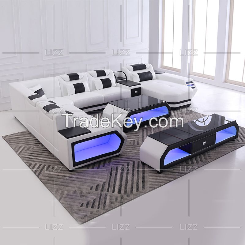 Direct Sell Modern Style Leisure Living Room Couch Furniture European Home Genuine Leather Sofa with LED Lights