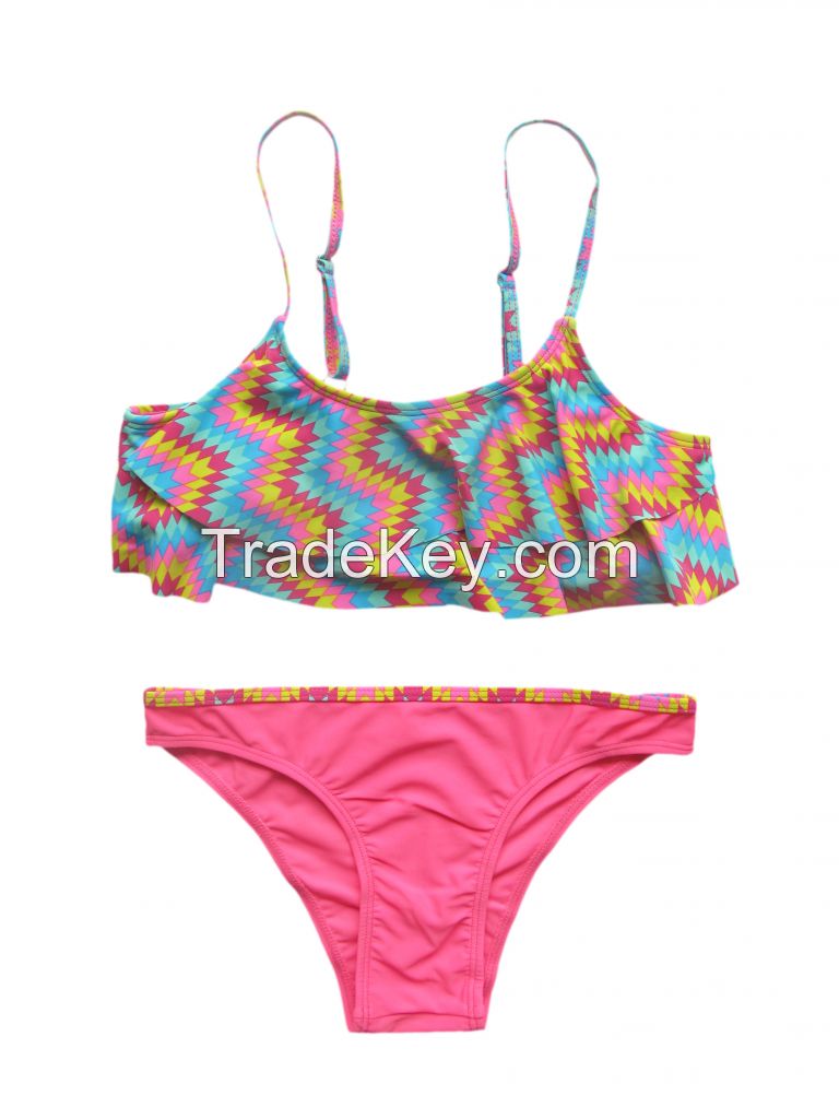 custom logo kids girls swimming tankini two piece bikinii set with frill at top
