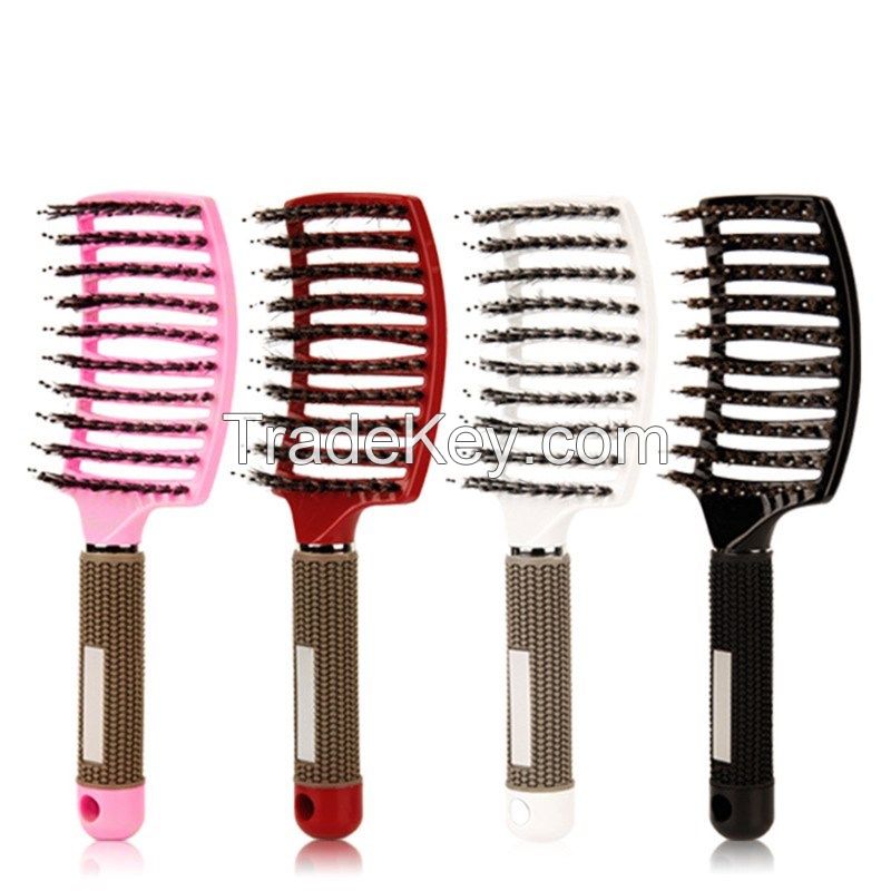 Vented Boar Bristle Hair Brush Curved Detangling Brush for Women and Men, Quick Blow Dry Brush Anti-frizz Styling Hair Brush for Long Thick Curly Straight Hair