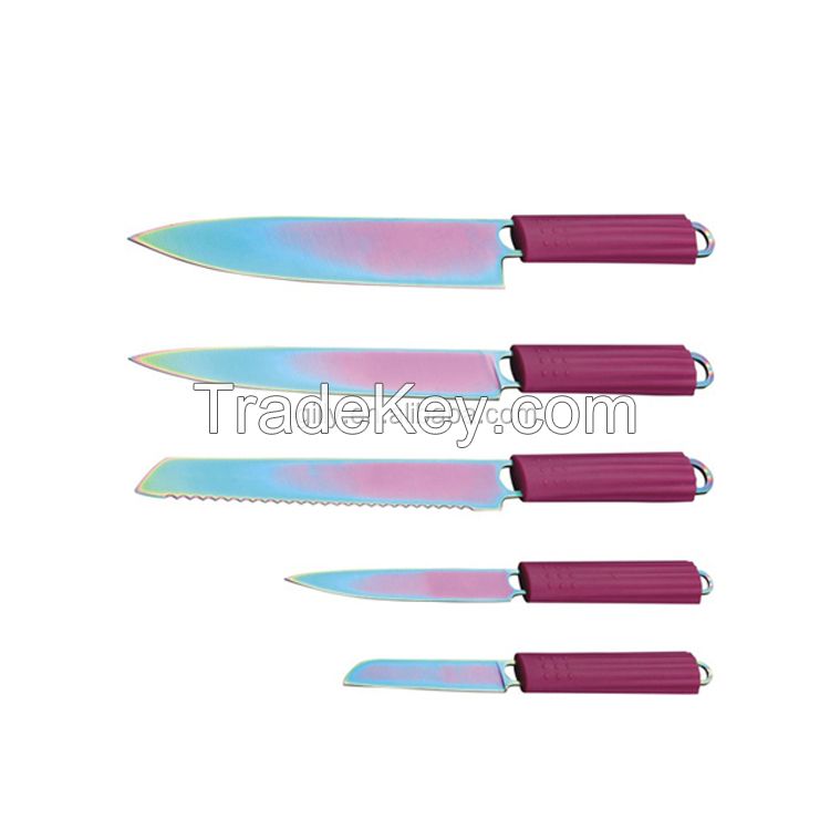 Hot Selling Happy Chef Multifuction Titanium Coating Luxury Kitchen Knife Set with Silicone Handle Cutlery