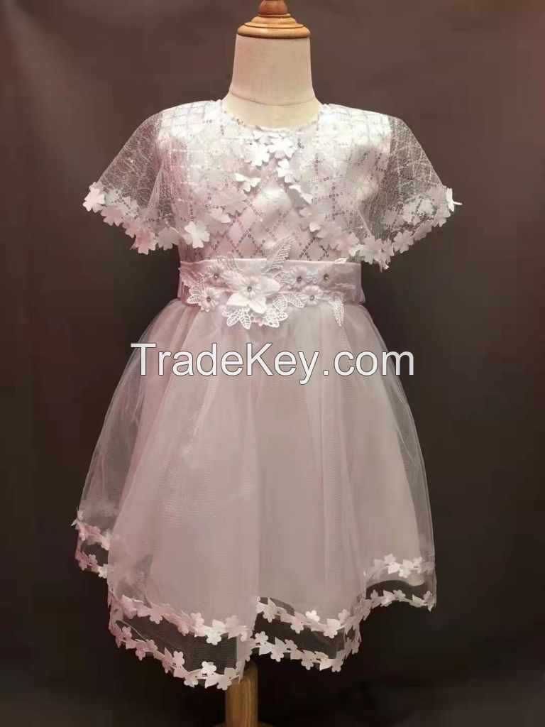 Embrodiery Lace Equin Tops Tulle Flower Girls Dress for Girls