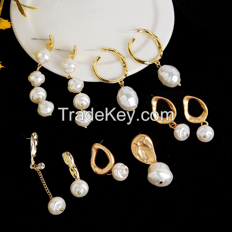 Cross border retro imitation natural fresh water simple pearl shaped earrings Baroque Pearl Earrings female Pearl Earrings