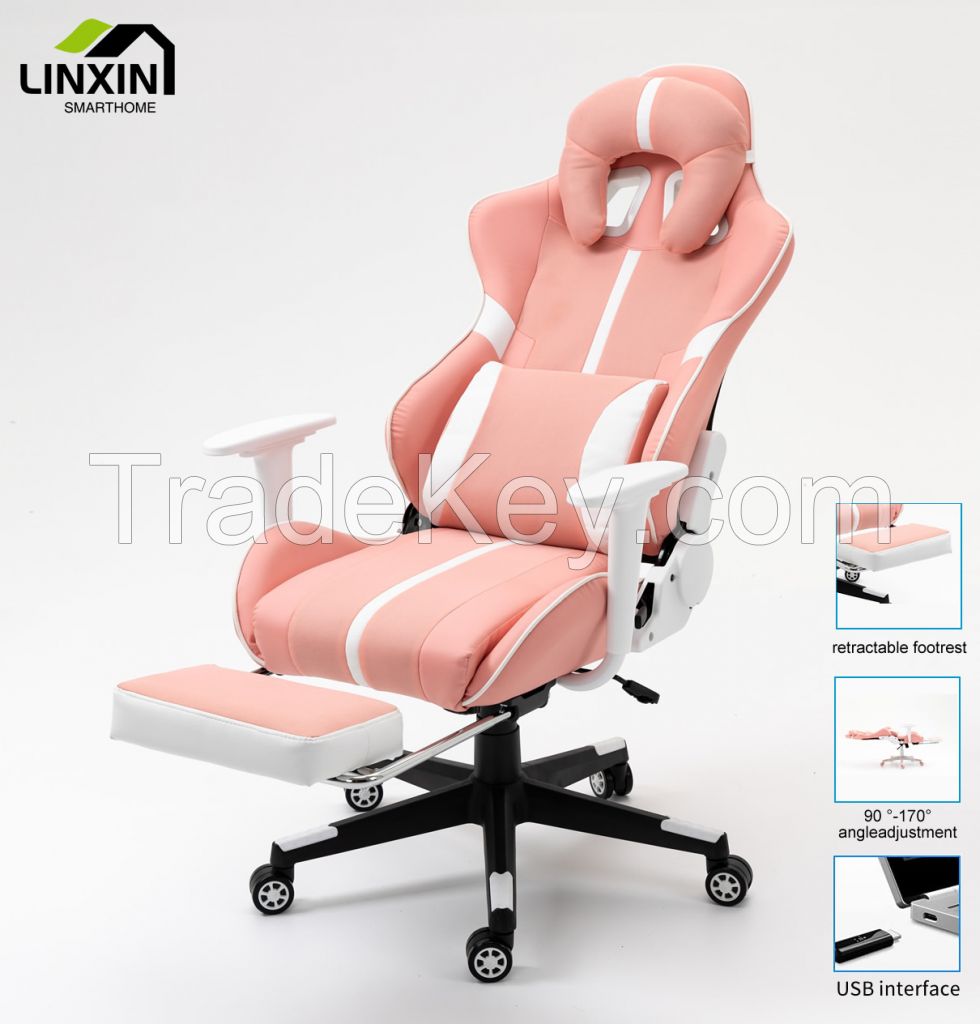 High Quality Luxury rgb Racing Computer Pink and Black 180 Degrees Reclining Gaming Chair with Footrest and massage Pillow