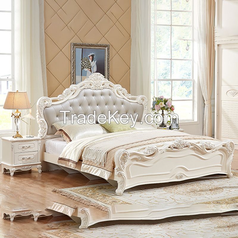 Quanu 121513 Best Luxury Royal Carved European Style Carving Leather Bed French Style Furniture