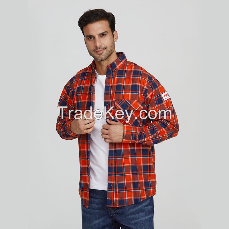 Men cotton workwear plaid lightweight boxy long sleeve button up quarter uniform saftey work welding fr shirts