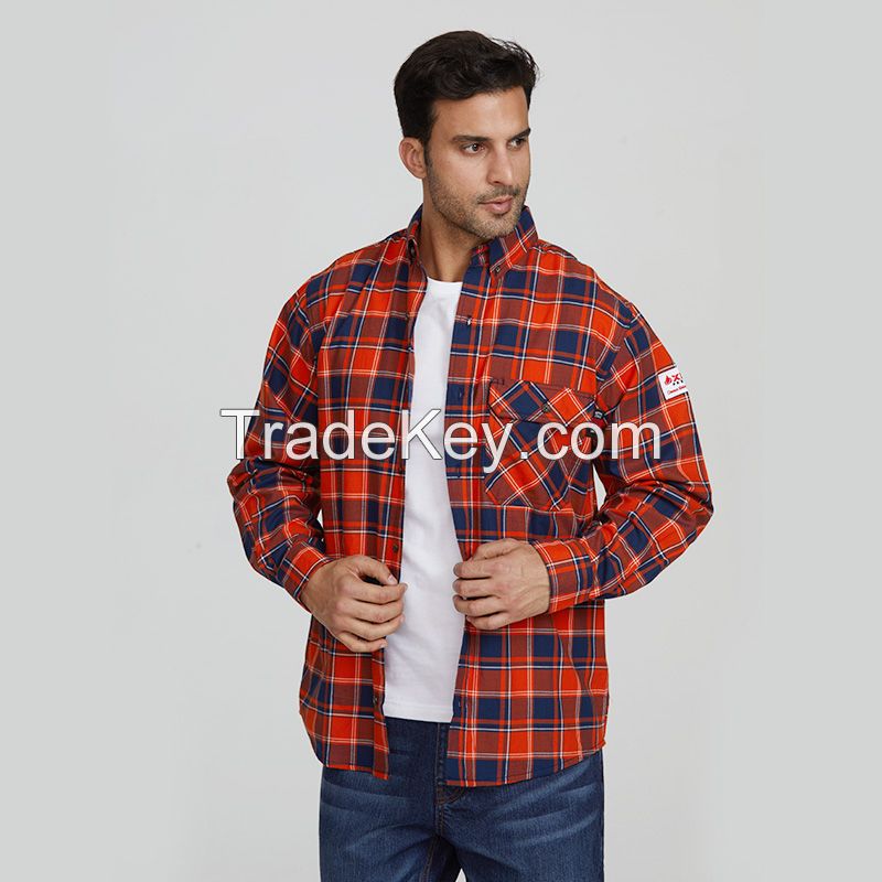 Men cotton workwear plaid lightweight boxy long sleeve button up quarter uniform saftey work welding fr shirts