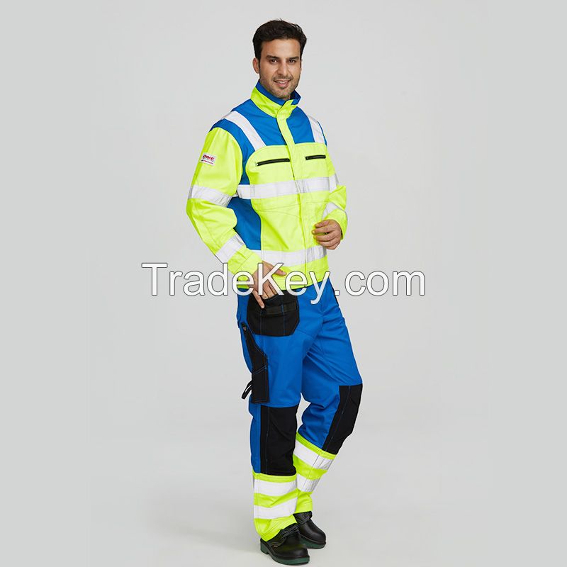 Reflective safety blue construction jacket with zipper