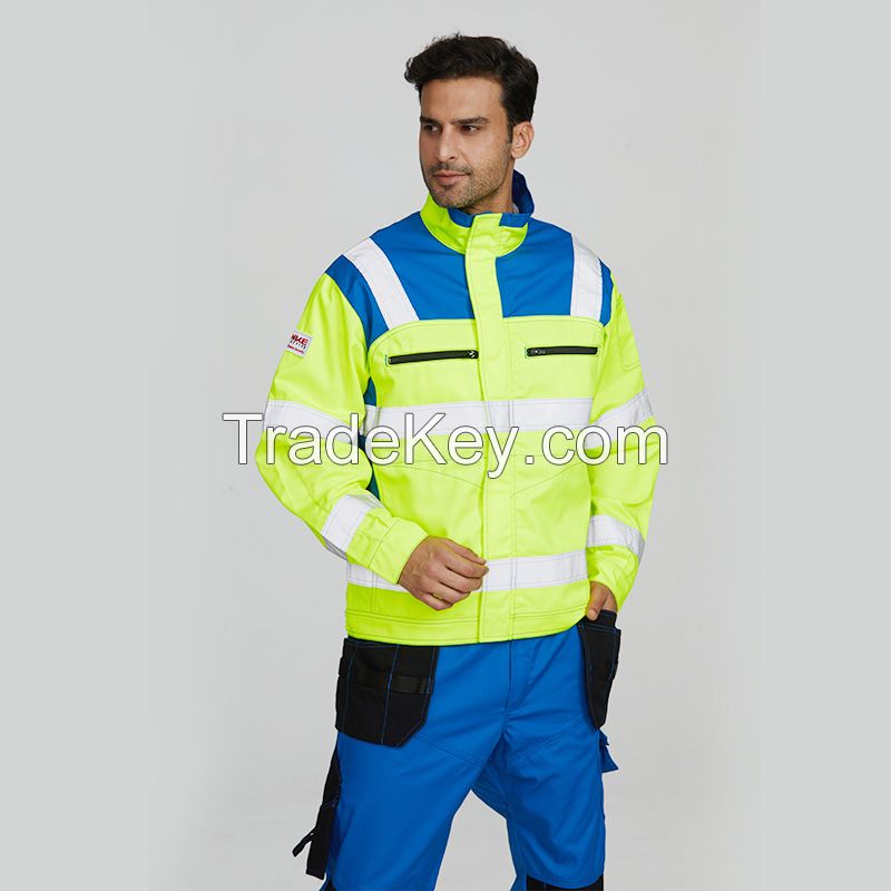 Reflective safety blue construction jacket with zipper