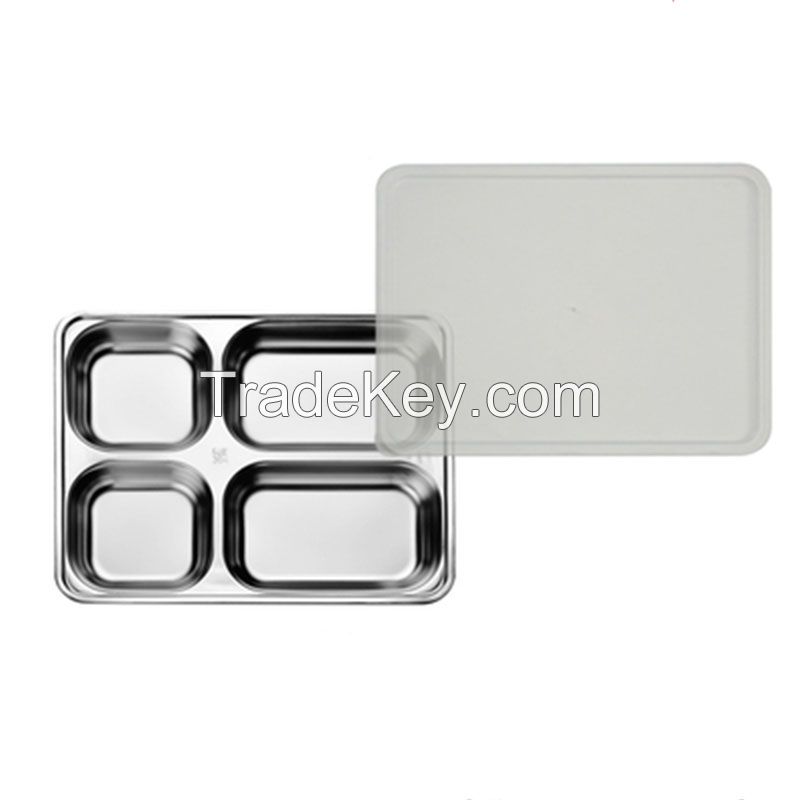 Stainless steel compartment rectangular lunch tray dinner plate food serving tray with lid