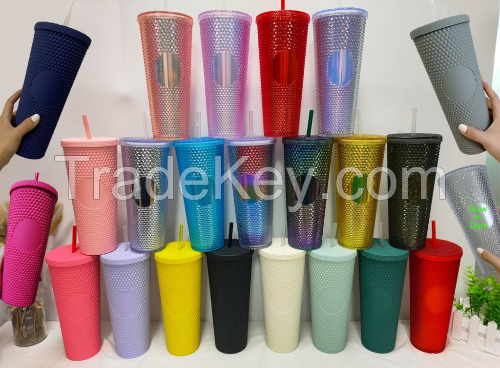 Plastic Cold Cup Starbu cks Double wall Studded Tumbler In Stock 710ml 24oz with lid and straw