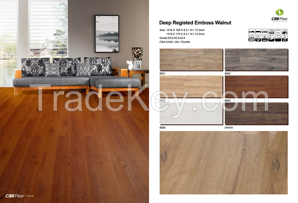 Hot selling deep registed emboss walnut laminate flooring wear-resistant eco-friendly