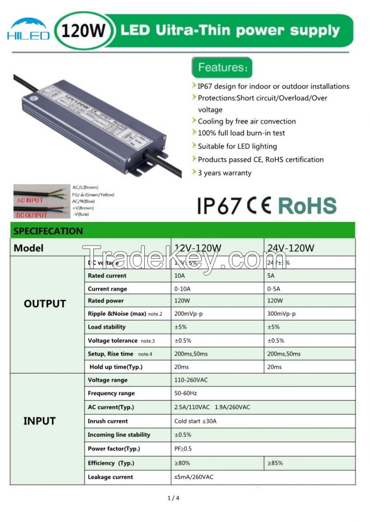 Ultra-Thin Power Supply IP67 WA-12V-120W