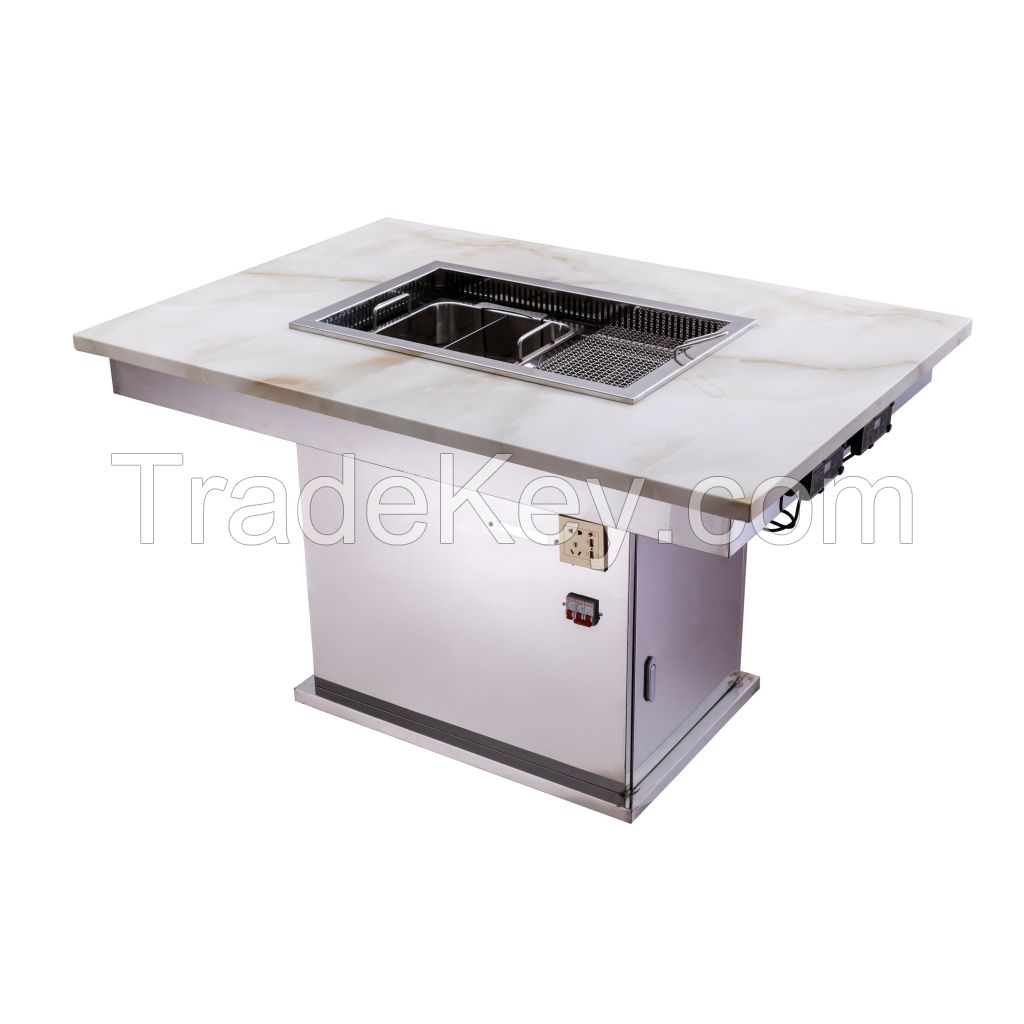Restaurant Smokeless Hot Pot Table and BBQ Grill Marble Table With Grill