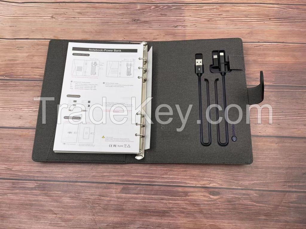 Hot stamping logo charging notebook gift set with 8000mAh power bank with wireless function