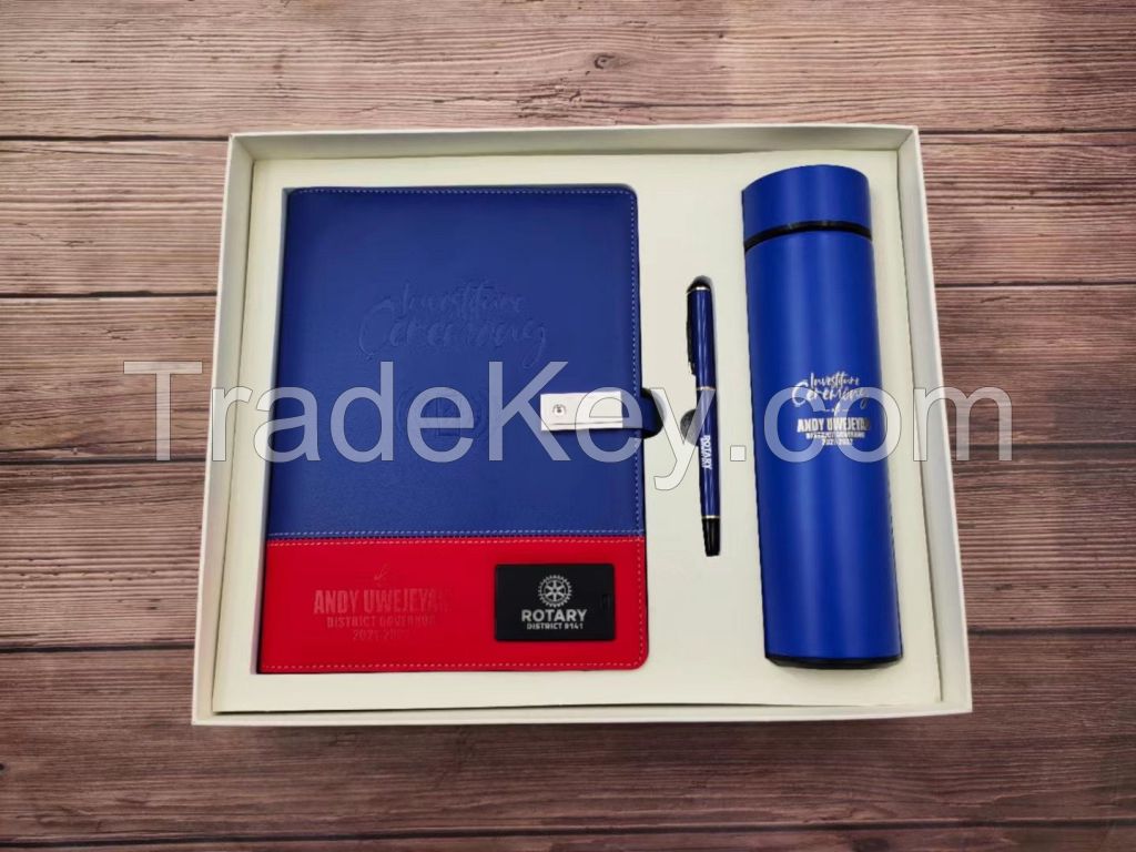 High class charging notebook gift set box with pen and USB power bank thermos