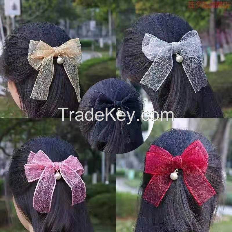 Pure Color Bow Hairpin with lace and imitation pearl
