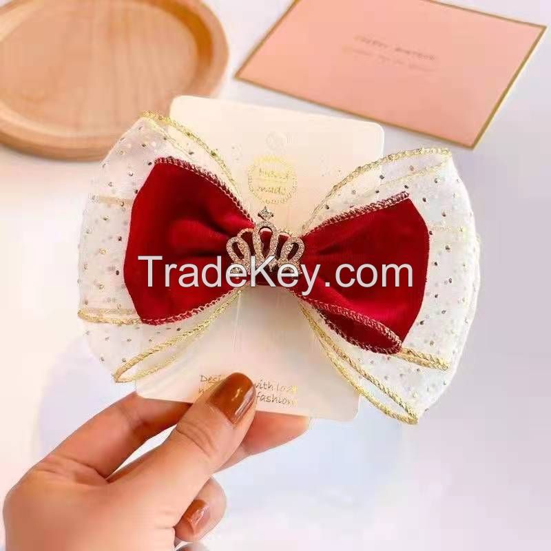 Ethnic Style Red Crown Bow Hairpin For Little Grils