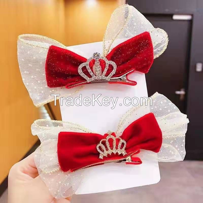 Ethnic Style Red Crown Bow Hairpin For Little Grils