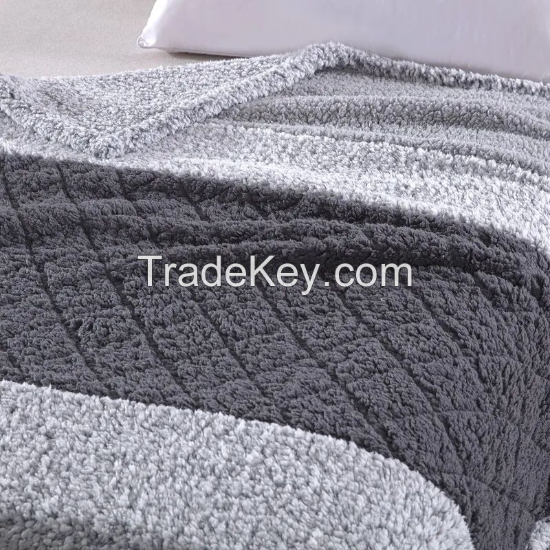 Factory Hot Sale Pieced Two Tone Sherpa Throw Polyester Blanket Two Layer