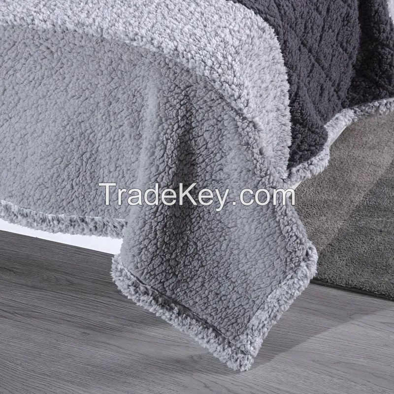 Factory Hot Sale Pieced Two Tone Sherpa Throw Polyester Blanket Two Layer