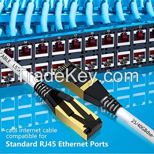 Ethernet Cable TENPOSE Cat 8 Ethernet Cord with Gold Plated Snagless RJ45 Connector,40Gbps/2000Mhz Ethernet Cable High Speed Compatible for Cat 7 LAN Cable,Cat 6e Router Cable,White