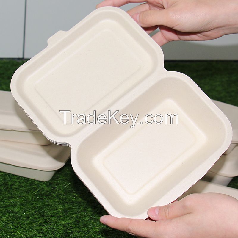 600ml Lunch Box Disposable Biodegradable Sugarcane Bagasse Clamshell Food Container