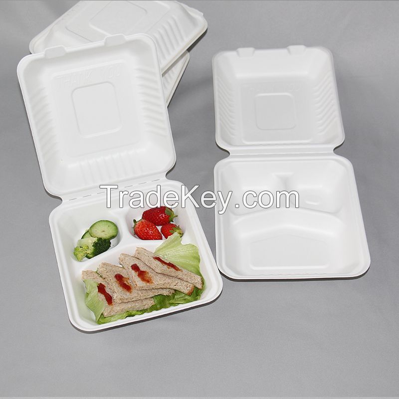 9 Inch Compostable Sugarcane Bagasse Free Clamshell 3 Compartment Food Container