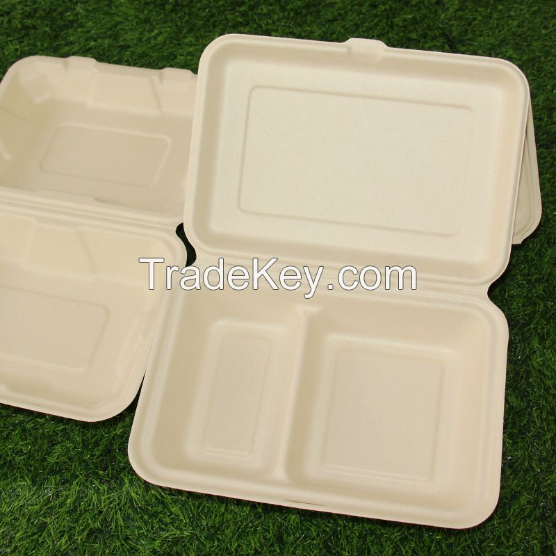 9*6 Inches 2Comp Clamshell Takeout Food Containers Sugarcane Bagasse Lunch Box