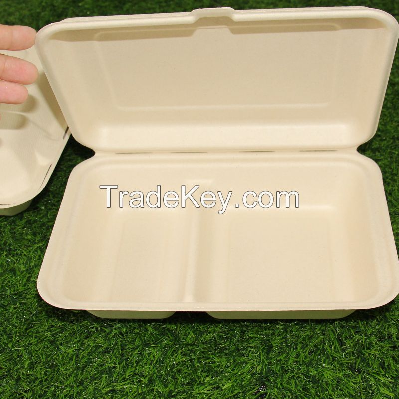 9*6 Inches 2Comp Clamshell Takeout Food Containers Sugarcane Bagasse Lunch Box