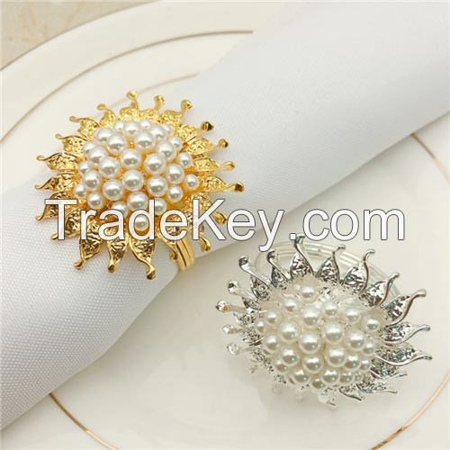 Stocked Gold Metal Napkin Ring With Pearl For Wedding Table Decoration