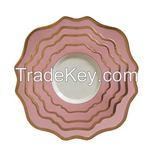 SunFlower Designed Pink Colored Ceramic Plate Set With Gold Rim For Wedding Table