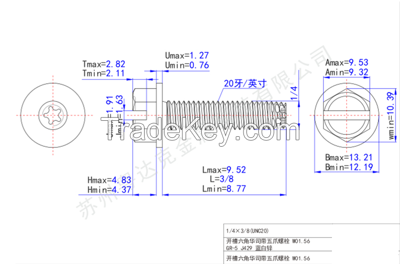 Slotted hexagon Huasi with five claw bolt w01 56 slotted hexagon Huawei head bolt full thread 1 / 4 Ã 3 / 8 / gr-5 j429 / 10B21 / blue white zinc