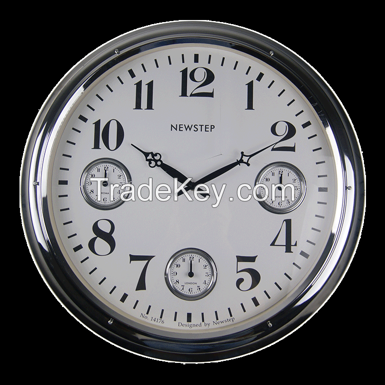 60cm Large Metal Chrome Wall Clock with Multi-World Time Zone 