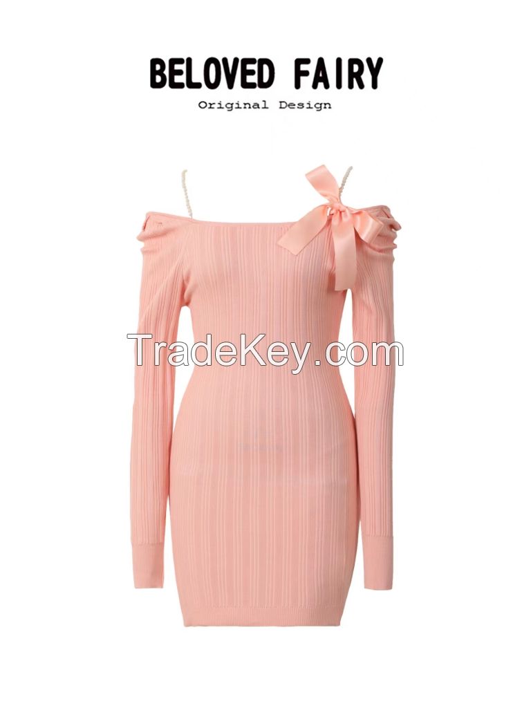 BELOVEDFAIRY Spring 2022 Women's pink removable bow Fall/winter bottom knit Dress