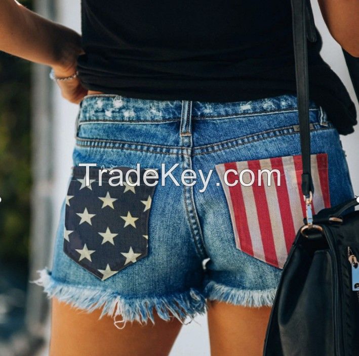 Women's American Flag Print Ripped One-Breasted Denim Shorts