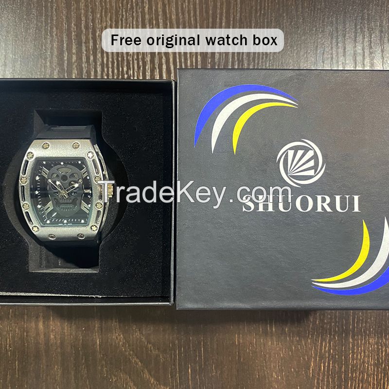 SHUORUI Brand Automatic Movement Luminous Quartz Watch Bucket Shape Luxury Watch Lucky Watch Men's Skull Dial Silicone Strap