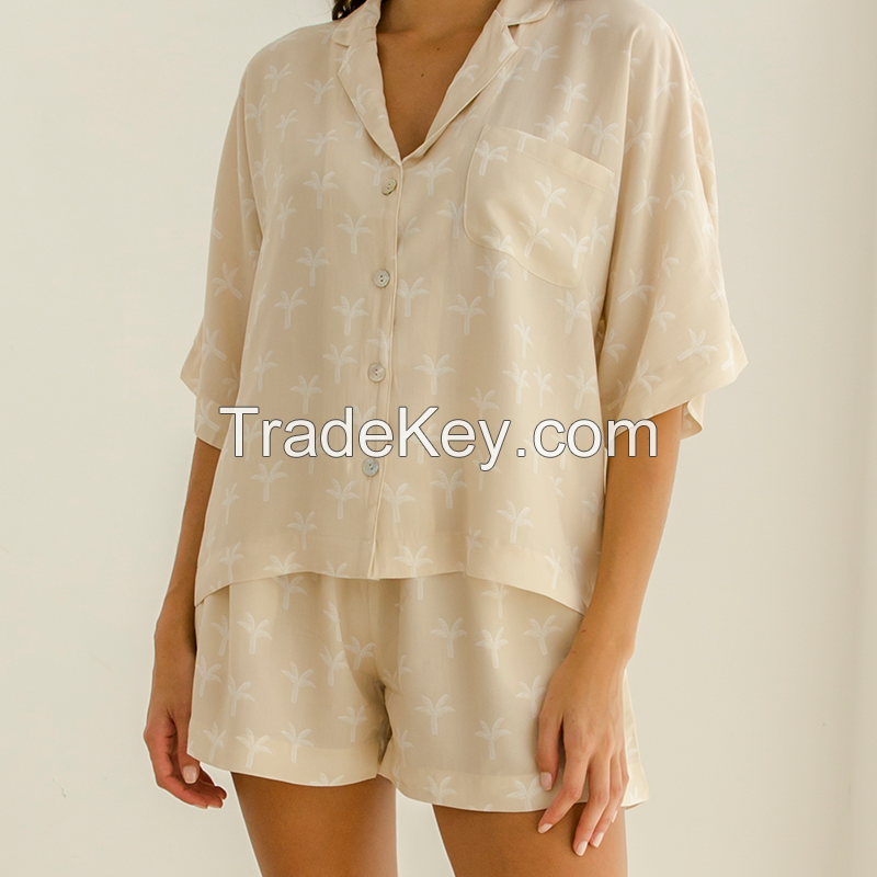 Ladies bamboo viscose short sleeve print shirt and short sleepwear nightwear