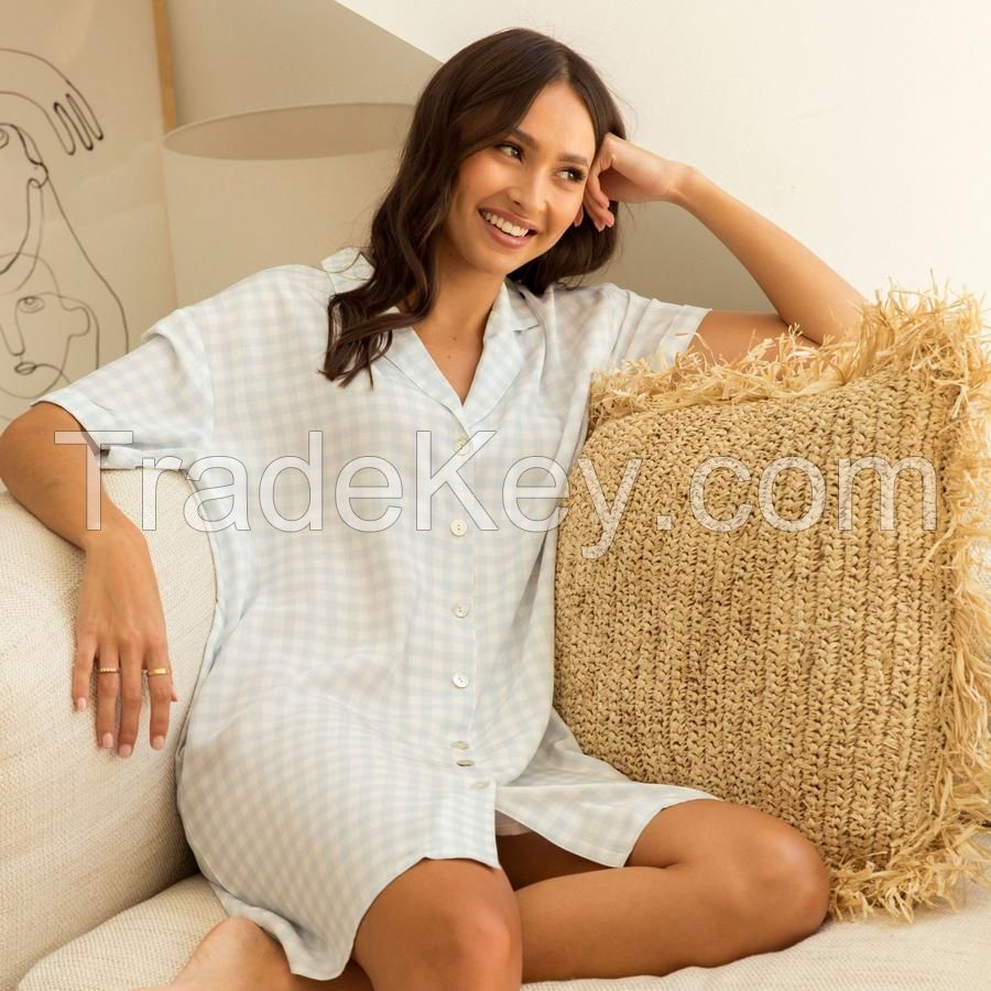 Ladies bamboo viscose short sleeve print shirtdress sleepwear nightwear dress