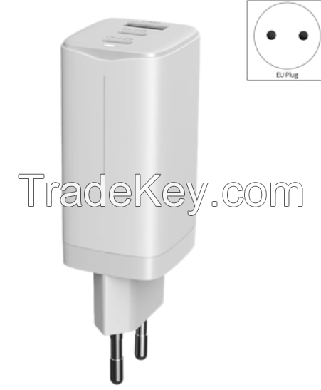 65W Gan Gallium Nitride Charging Adapter Multifunctional Fast Charger 2Xtype C 1 USB A Interface Power Adapter(EU Plug)